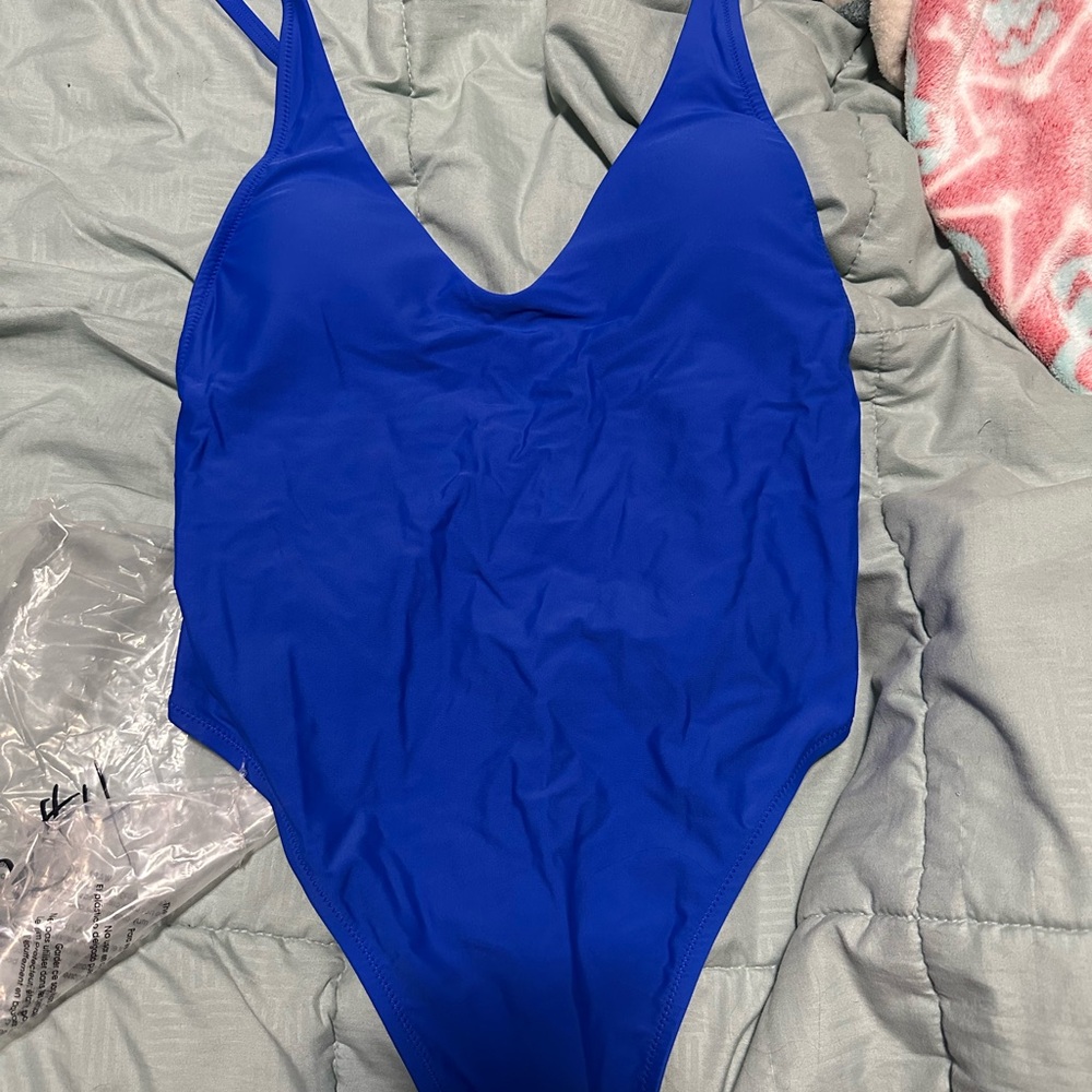 Blue One Piece Swimsuit with V-Neck and Spaghetti Straps thong one piece